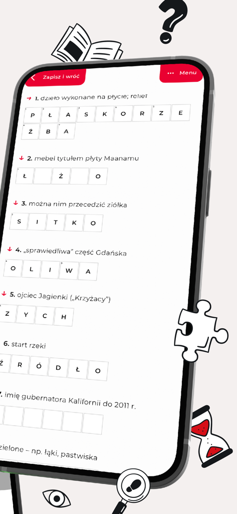 Krzyżówki Wyborczej - Pantalla de teléfono móvil mostrando pistas de crucigrama polaco y cuadrículas de respuestas en la aplicación Krzyzowki Wyborczej