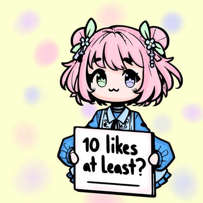 a cute anime girl holding a sign that says,” 10 likes at least?