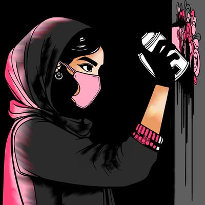 realistic girl with mask spray painting a wall