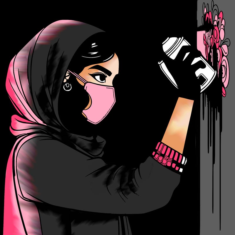 realistic girl with mask spray painting a wall