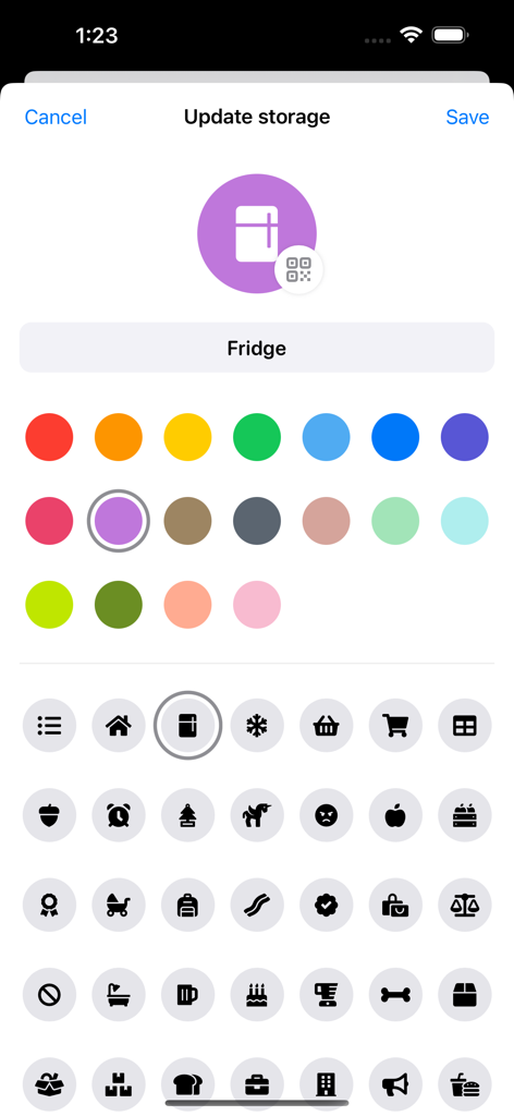 FoodShiner: Pantry Companion - さまざまな色とアイコンオプションを使用して保管場所をカスタマイズするためのFoodShinerアプリの画面。