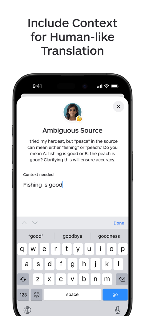 Lara Translate app interface showing the AI context clarification feature for ambiguous source text.