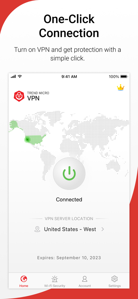 Trend Micro VPN app interface showing a simple one-click connection to a secure server in the United States.