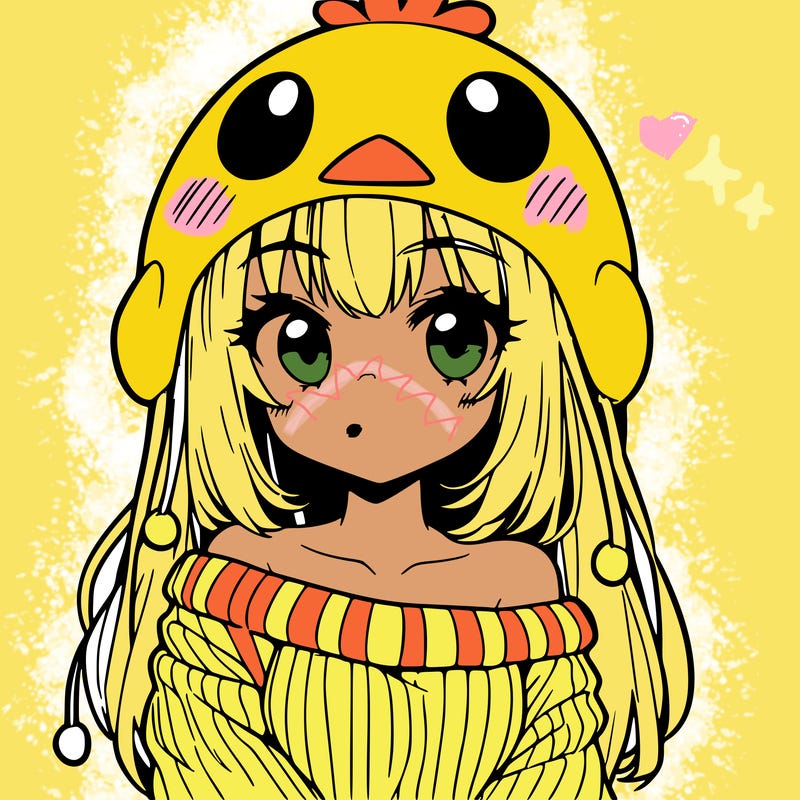 anime girl with chick shaped hat with sweater with bare shoulders with bangs covering them one eye with low tail