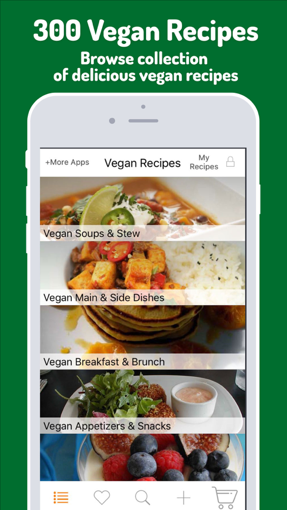 Home screen of the Vegan Recipes app displaying food categories like soups main dishes and breakfast