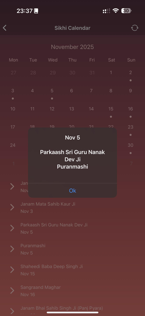 O Calendário Sikh no aplicativo MySikhi mostrando uma notificação para o aniversário de nascimento de Guru Nanak Dev Ji em 5 de Novembro