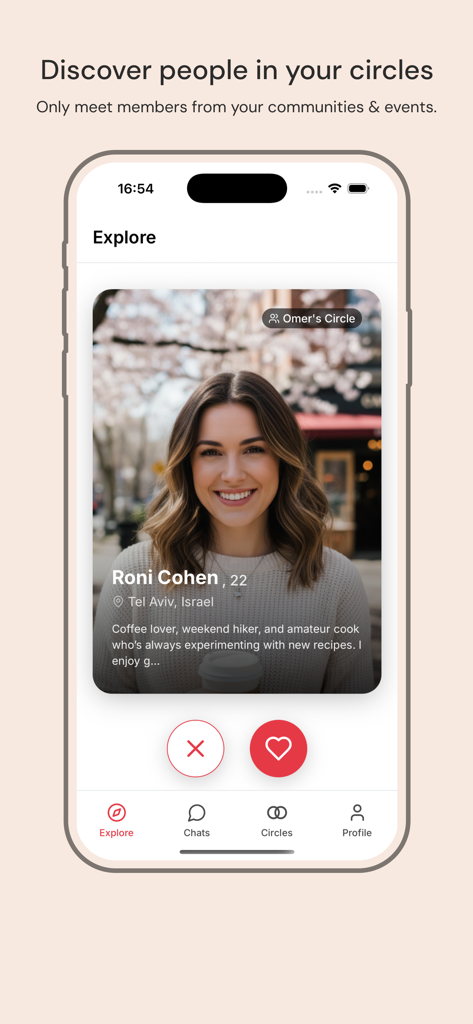 Explore screen of the Circlez Dating app showing a user profile from a shared community circle