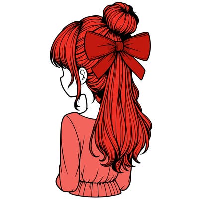 realistic girl  with hip length hair a bun and a big bow on the back of head