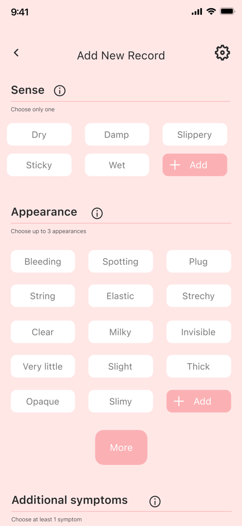 Uma tela no aplicativo Evelyn mostrando opções para registrar observações físicas diárias como sensação e aparência