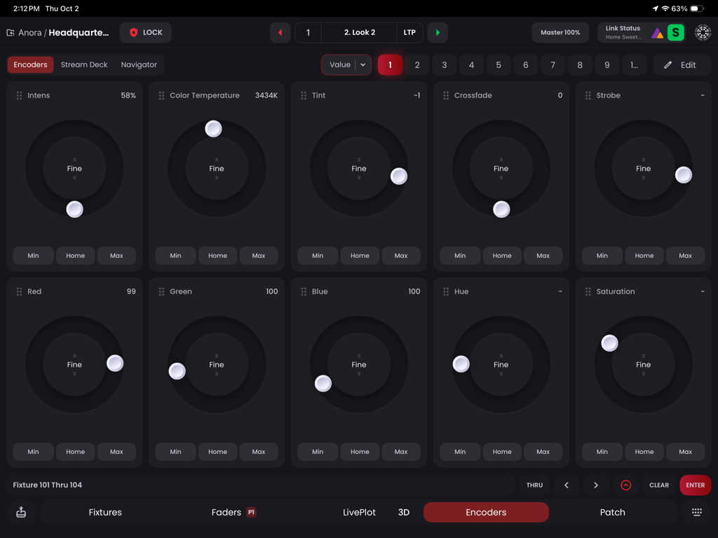 Blackout Lighting Console - Interface of the Blackout Lighting Console app on iPad featuring circular encoder dials for controlling professional lighting fixtures