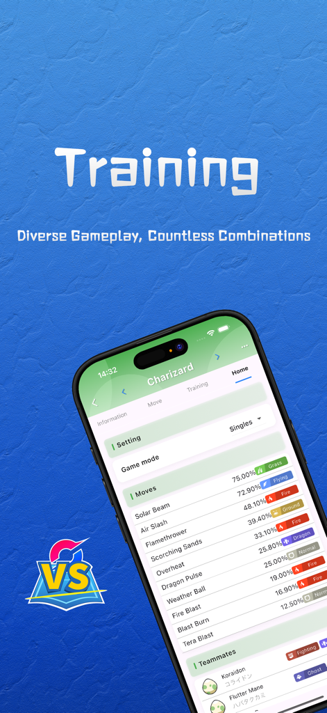 A mobile interface for PMBattle displaying Charizard move usage statistics and common teammates for competitive play.