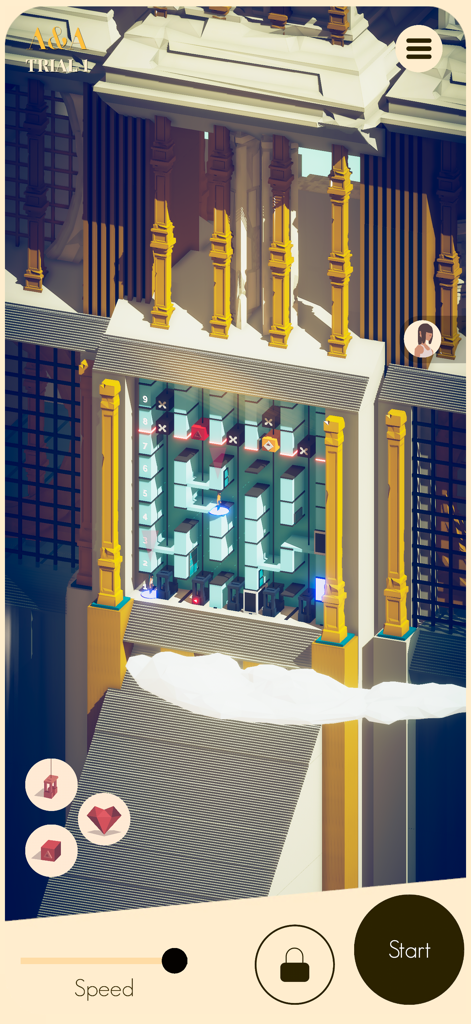 The Valley of the Architects - Un niveau de puzzle isométrique présentant des ascenseurs et des structures architecturales dorées dans La Vallée des Architectes.