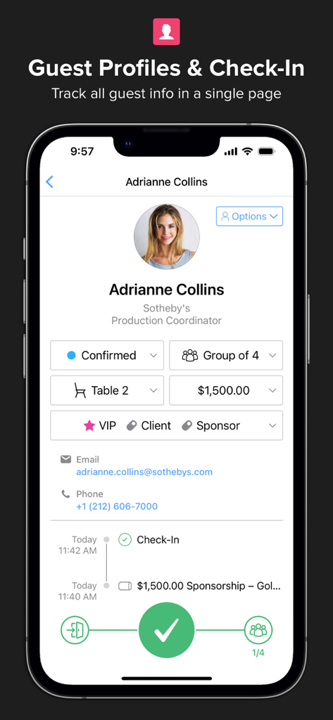 Events & Guest Lists | Diobox - Interface do aplicativo móvel Diobox mostrando um perfil detalhado de convidado com status de check-in e tags de evento