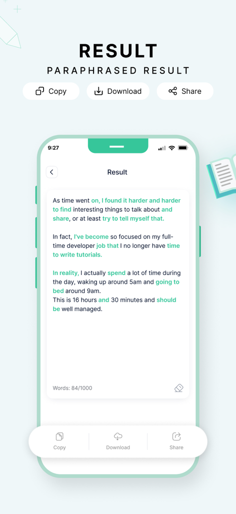 Text Summarizer - Tela de smartphone mostrando um resultado de texto parafraseado no aplicativo Sumarizador de Texto por IA com opções de cópia, download e compartilhamento