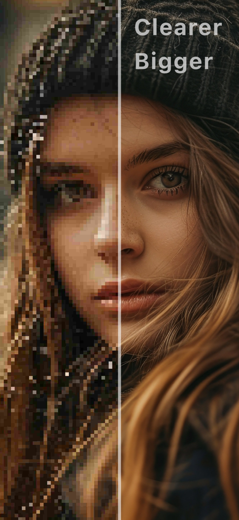 TrueSharp - Vorher/Nachher-Split-Screen eines pixeligen Fotos und eines klaren, KI-verbesserten Porträts
