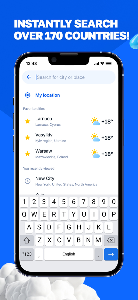 Meteoprog - Weather Forecast - Schermata di ricerca dell'app Meteoprog che mostra la copertura globale delle città e le località preferite