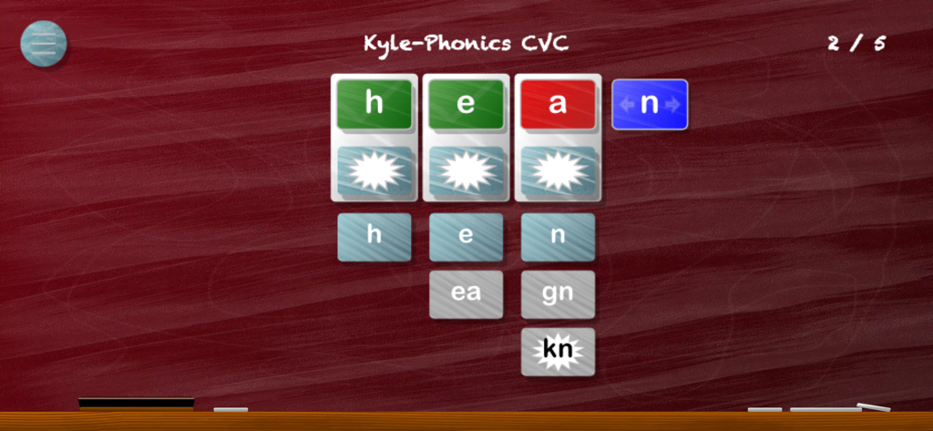 Simplex Spelling Phonics CVC - A interface do aplicativo Simplex Spelling Phonics CVC mostrando um exercício de construção de palavras para a palavra 'hen' com dicas fonéticas e blocos de letras.