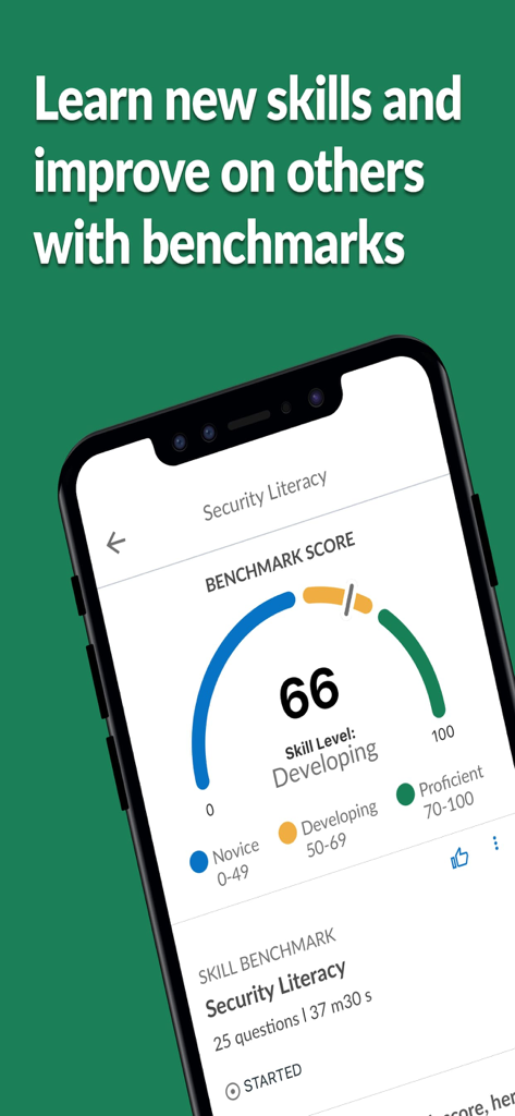 Aplicación móvil Skillsoft Percipio mostrando una puntuación de referencia de alfabetización en seguridad