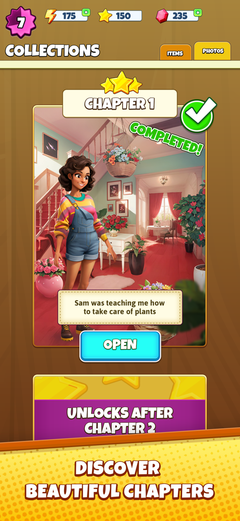 Merge Away! - Puzzle Adventure - Collections screen in Merge Away showing Chapter 1 completed with a character and plants