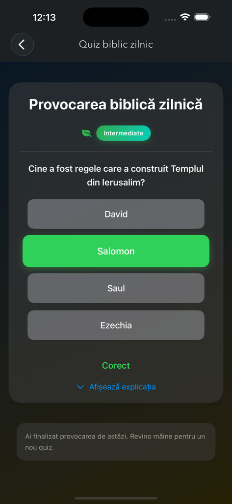 Biblia Cornilescu - Daily Bible quiz interface in the Biblia Cornilescu app showing a question about King Solomon in Romanian with a correct answer
