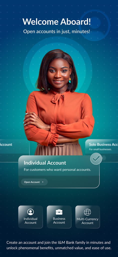 I&M OTG Personal KE - Willkommensbildschirm der I&M OTG Personal Banking App mit Optionen zur Eröffnung von Einzel-, Geschäfts- und Fremdwährungskonten.