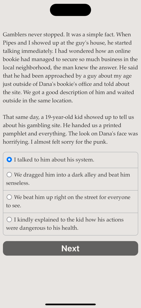 Life of a Mobster - Gameplay screenshot of Life of a Mobster showing story text and multiple choice options for the player.