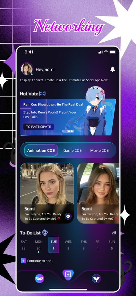Tableau de bord de l'application Cavi présentant des catégories de cosplay, une bannière de vote pour un affrontement de Rem, des photos d'utilisateurs et une liste de tâches de gestion de personnage.