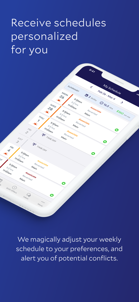 Mobile screen showing a personalized weekly work schedule for an employee in the Legion Workforce Engagement app