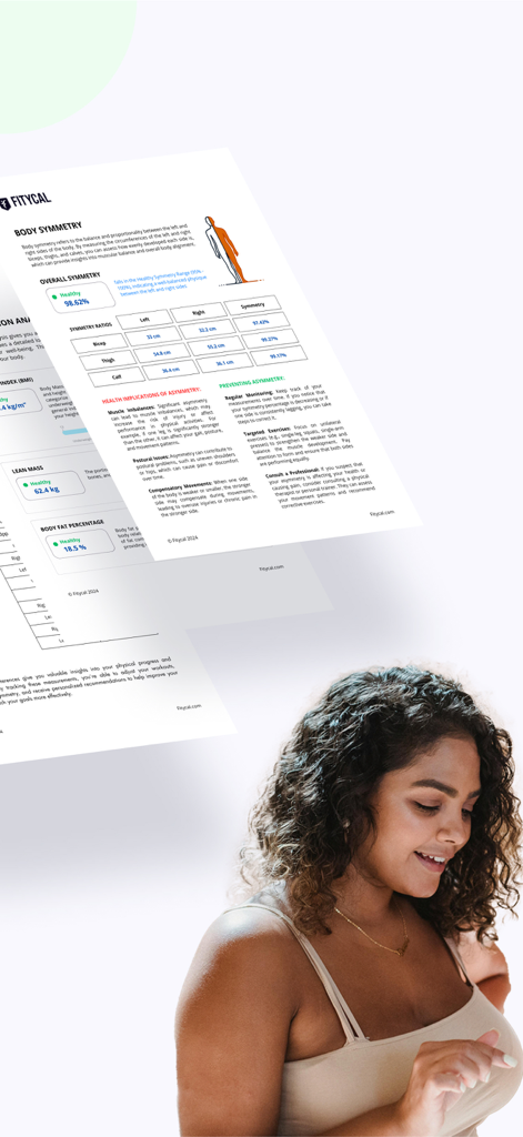Fitycal - 3D Body Scan Tracker - A woman reviewing her detailed body symmetry and composition reports from the Fitycal app