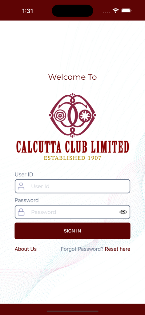 Écran de connexion de l'application mobile Calcutta Club Limited présentant le logo du club et les champs de connexion.