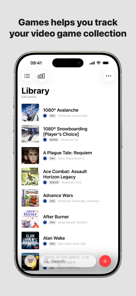 iPhone interface showing a curated library of video games with cover art and console labels