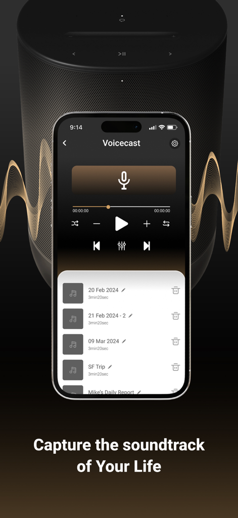 Voicecast recording interface on the Smart Speaker Equalizer Remote app
