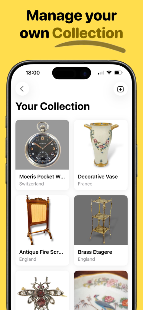 Interfaz de la aplicación Antique ID mostrando una colección personalizada de artículos antiguos como un reloj de bolsillo y un jarrón decorativo
