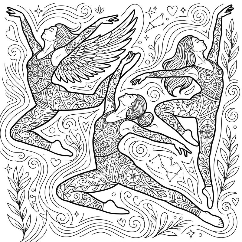 Dive into a world of self-expression and introspection with this captivating adult coloring page. Featuring three graceful dancers adorned with intricate patterns, this design invites you to explore the journey of personal identity through art.