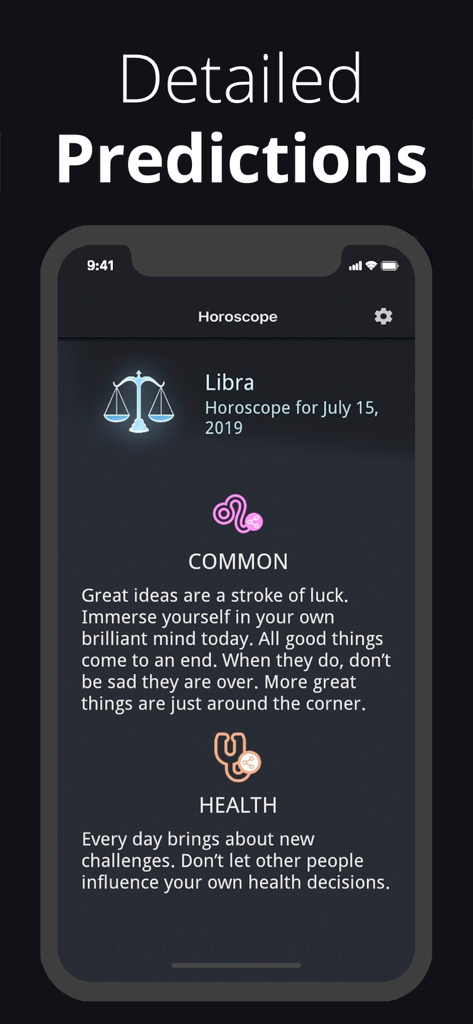 A mobile phone screen displaying detailed horoscope predictions for the Libra zodiac sign including general and health advice.