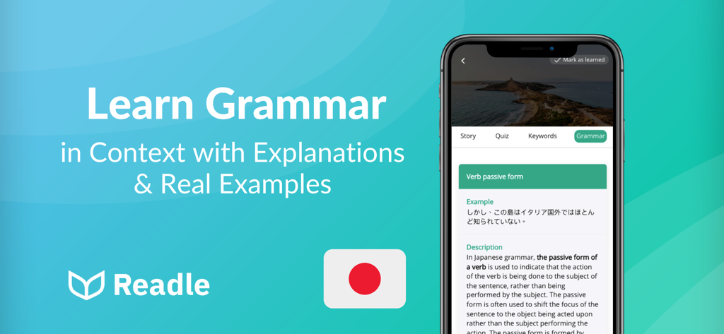 Readle: Learn Japanese Fast - Readle app interface showing Japanese grammar explanations and real examples in context