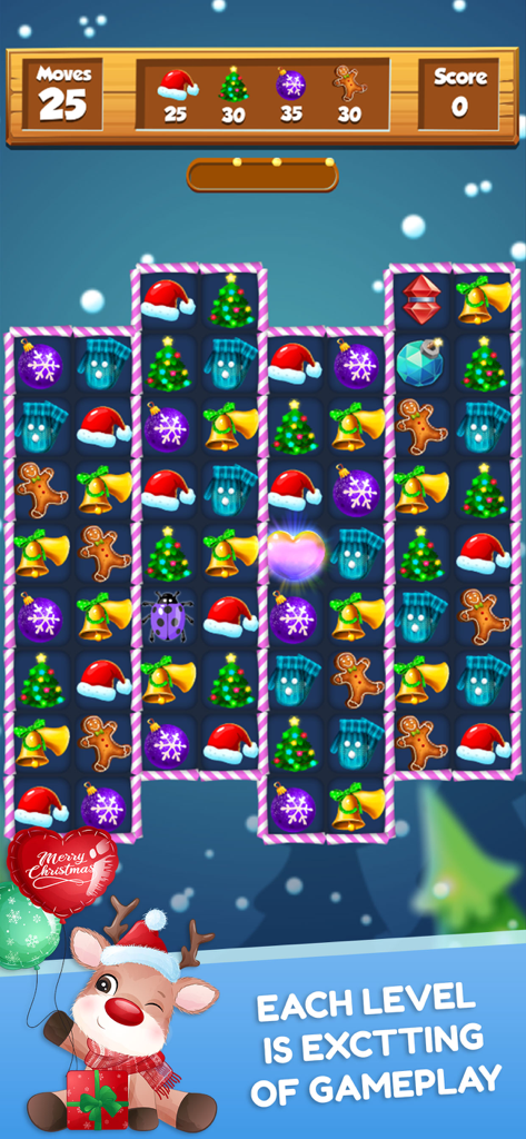 A festive match 3 puzzle game screen with Christmas themed icons and a cute reindeer character