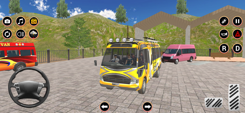 Yellow mini coach in a 3D driving simulator game with on-screen steering and controls