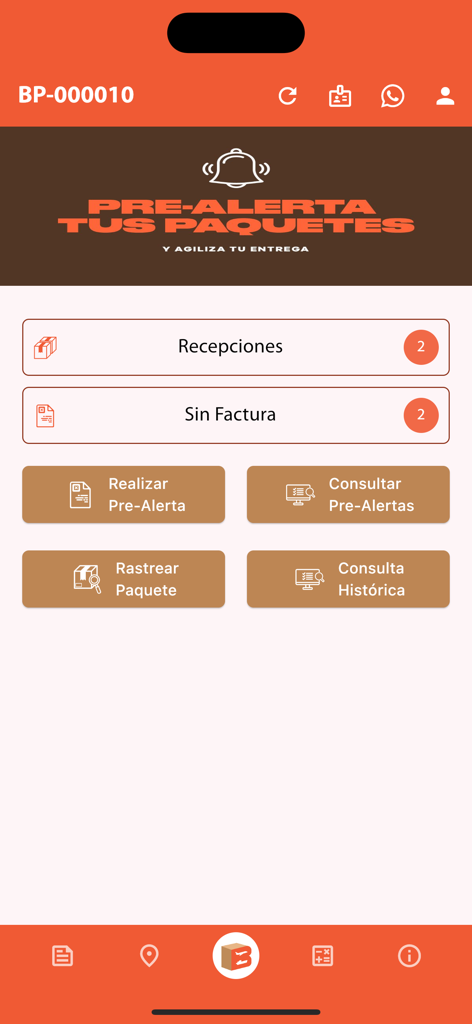 Boxpaq - Schermata principale dell'app mobile Boxpaq che mostra lo stato del pacco e le opzioni di tracciamento in spagnolo.