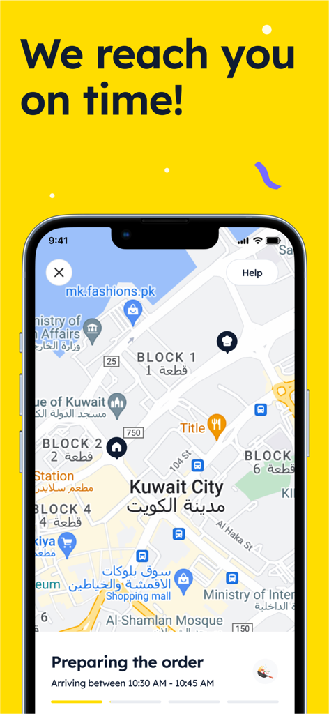 LOCALS: Food & Gifts - Smartphone screen showing real-time order tracking on a map with the slogan We reach you on time.