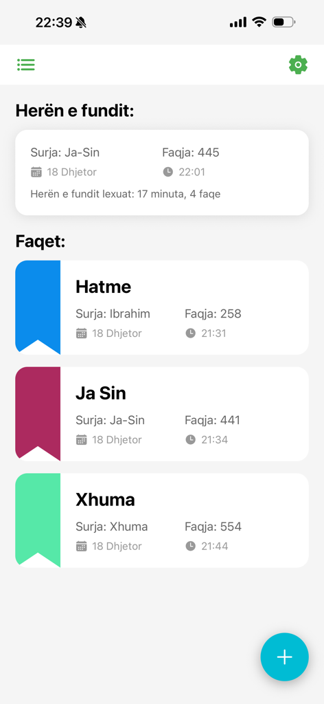 Kurani Arabisht - Reading history and bookmarks screen in the Kurani Arabisht mobile app