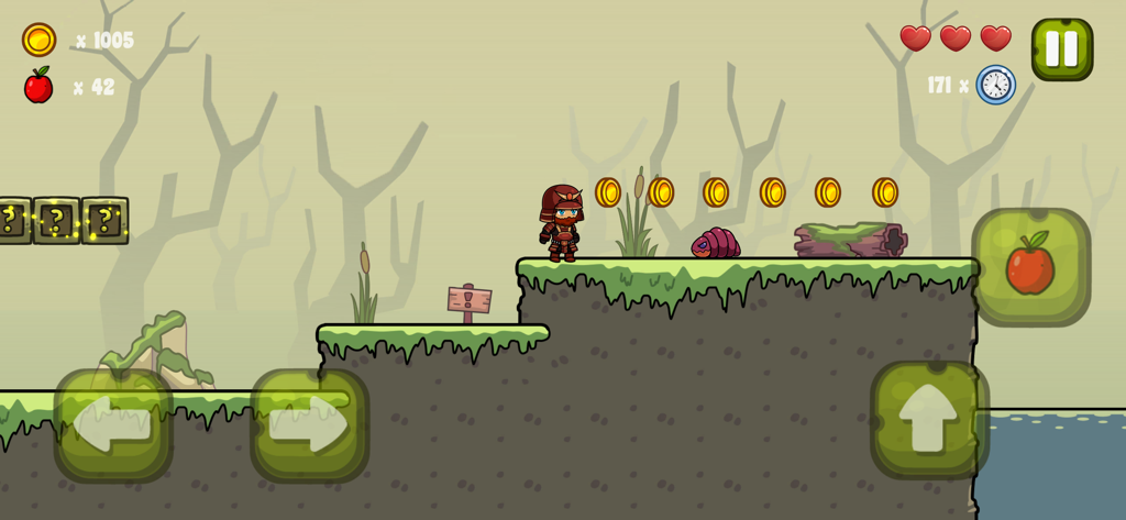 Nipo's World - Gameplay de plataforma 2D Nipo's World com um personagem navegando em um nível de floresta com moedas e inimigos