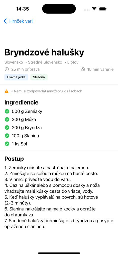 FoodStock - FoodStockアプリのスクリーンショットは、材料リストと段階的な調理手順とともにBryndzove haluskyのレシピを表示しています。