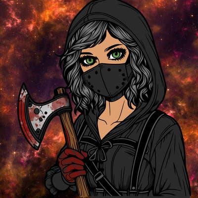 realistic girl in a costume with an axe wearing a mask