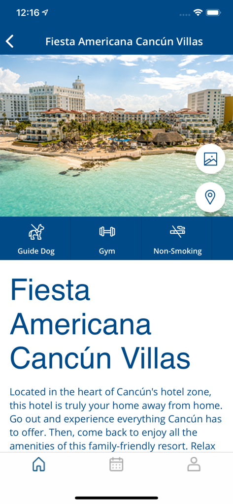 Hotel details screen for Fiesta Americana Cancún Villas in the Travelty app showing resort photos and amenities