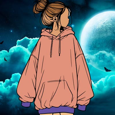 realistic girl with a oversized sweatshirt on and a bun