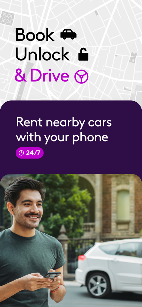 Man using Getaround app to rent and unlock a car on a city street