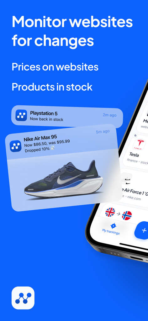 AnyTracker app showing price drop and product stock notifications on a blue background