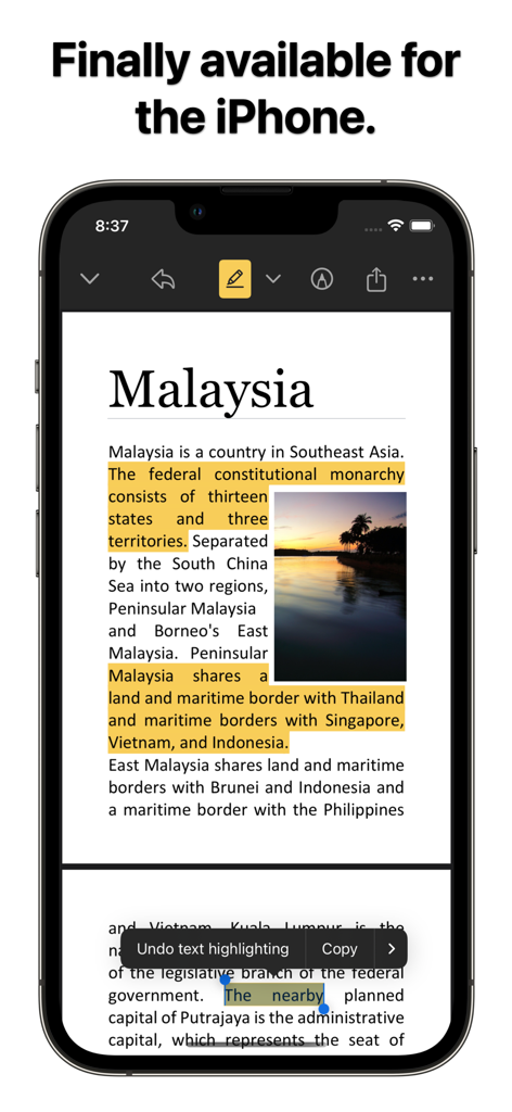 Interfaz de la aplicación Mini vista previa en iPhone resaltando texto en un documento PDF