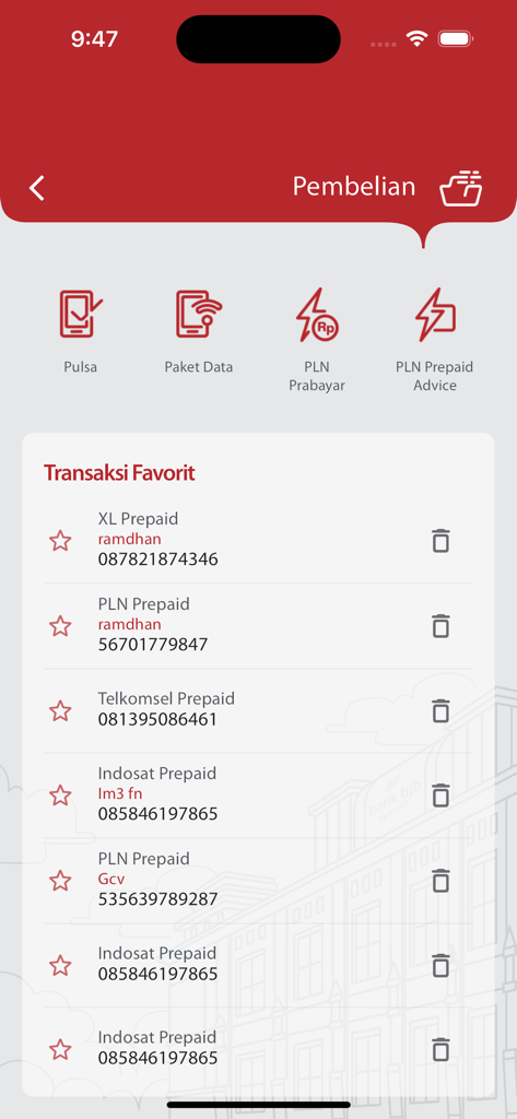 Mobile Maslahah by bjb syariah - Mobile Maslahah App Einkaufsbildschirm zeigt Lieblings-Transaktionen und Zahlungssymbole für Nebenkosten und Guthaben an